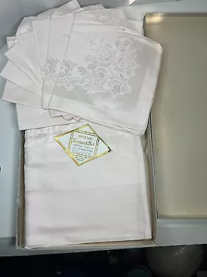 Vtg Cotton & Royal Imported Damask Tablecloth And 8 Napkin Set Pink Japan! SEE • $18.30