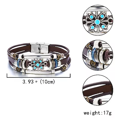 Men's Leather Bracelet Multilayered Devil's Eye Turquoise Bangle Cuff Wristband • $3.42