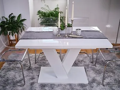 Extendable Dining Kitchen Table 120-160cm V Leg Seats 6-8 White High Gloss Masy • £294.95