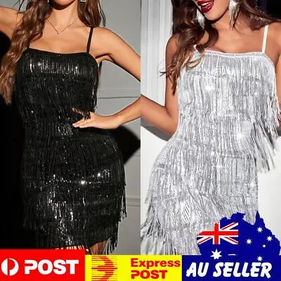 Women Ladies Sling Dress Elegant Sequin Tassels Fringe Mini Dress Evening Dress • $23.69