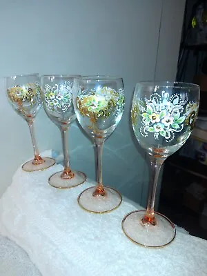 Vtg Moser Bohemian Glass Wine Glasses Set 4 Enamel Flowers Gold Gilt PERFECT • $54