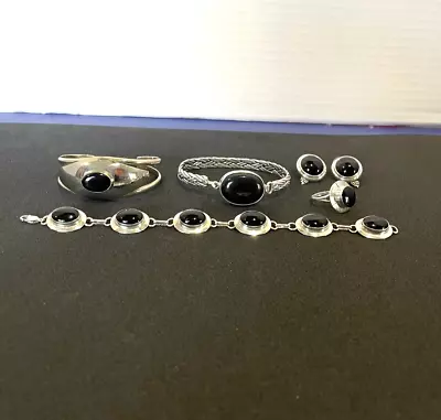 Vtg 925 Sterling Silver Black Onyx Modernist Jewelry Lot Bracelets Earrings + • $139.95