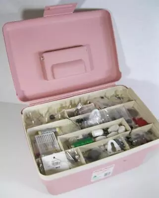 Retro Vintage Pink Plastic Large Haby Habits Sewing Box + Contents Cotton Button • $39.95