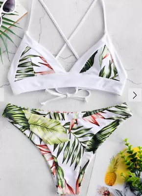 ZAFUL Tropical Leaf Criss Cross Bikini Set - Multi-a S • £8.99