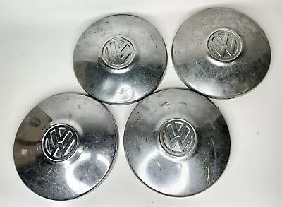 Vintage SET Of 4 Volkswagen Beetle Bus Bug 10 Inch Metal Dog Bowl Hubcaps Chrome • $48.71