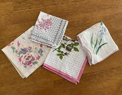 Pink Floral Hankies Vintage 1950s Cotton Handkerchief Hanky Mixed Lot 4 • $10