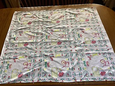 Vintage Cotton Square Green Red Yellow White Tablecloth Flowers Birds Women • $21