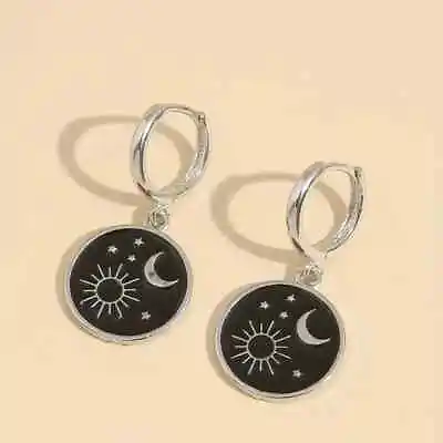 Unique Retro Boho Enamel Sun Moon Star Black Dangle Earrings Silver Plated Women • $12.98