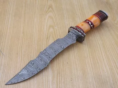 Forged Handmade Damascus Steel Hunting Knife Bone&Wood Handle BRAS Guard Sheath • $35.97