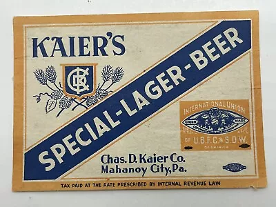 IRTP Beer Label Internal Revenue Tax Paid Kaier's Special Lager Beer • $12.50