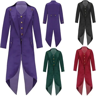 Boys Girls Medieval Costume Carnival Vampire Tailcoat Jacket Gothic Frock Coat • £19.62