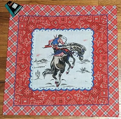 VTG Rodeo Cowboy & Bronco Bandana - USA 15582 - NEW Western Red Handkerchief • $18.99