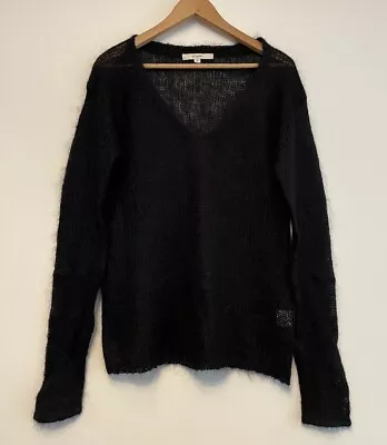 ON PARKS Black Mohair Wool Blend V-neck Open Knit Pullover Jumper Size 8 Lsleeve • $32.32