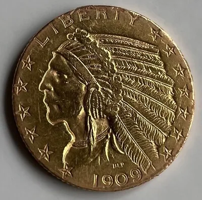 1909 D Denver $5 Indian Head Gold Piece Half Eagle US Coin! FREE SHIPPING! • $669