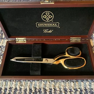 MUNDIAL FINEST PRESENTATION GOLDEN SCISSORS SEWING 22K GOLD PLATED Original Case • $84.99