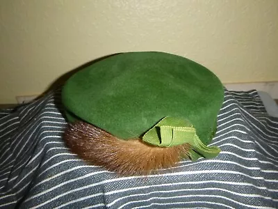 Vintage Registered B&B Genuine Velour Green Hat With Netting On Side And Stripe  • $30