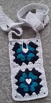 Hand Crochet Crossbody Mobile Phone Water Bottle Carrier White And Blues Unlined • £7.45