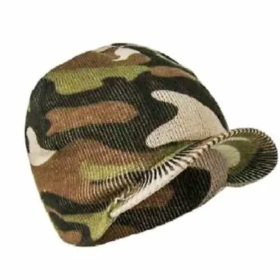 Mens Camouflage Peaked Beanie Hat Winter Warm Knitted Camo Cap Army Style  • £3.99