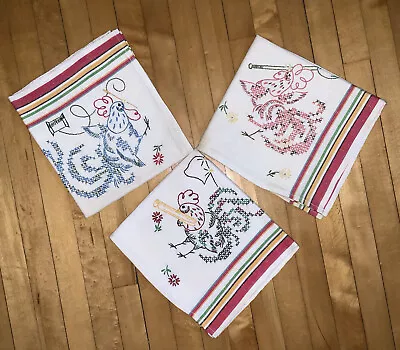 3 Vintage Hand Embroidered  Rooster   Dish Cloth Towels 28” X 16” • $19.99