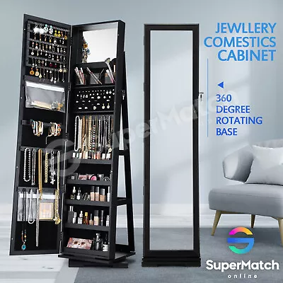 Mirror Jewellery Cabinet Storage Organiser Makeup Wooden Box 360 Rotatable Black • $219.59