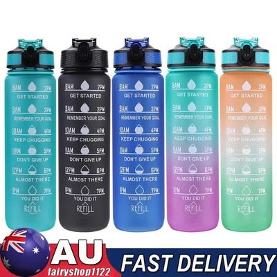1L Sports Water Bottle Time Marker With Straw Large Gym Travel Drinking Bottle • $12.49