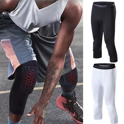 Men's Basketball Sports Tight Pants ¾ Compression Workout Leggings W/Knee Pads • $11.27