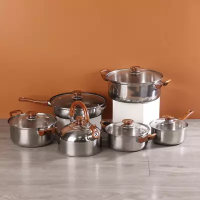 12Pc INDUCTION HOB STAINLESS STEEL CASSEROLE POT SAUCEPAN COOKWARE DINING SET UK • £29.99