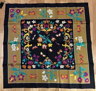 Gucci Silk Scarf Flower Butterfly Pattern Vibrant & Colorful With Tag 34  By 34  • $155