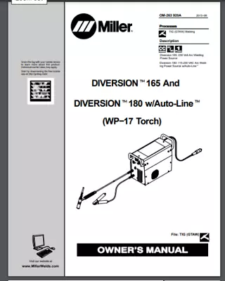 Miller Diversion 180 165 Owner's Manual + Torch WP-17 40 PAGES Comb Bound • $25.99