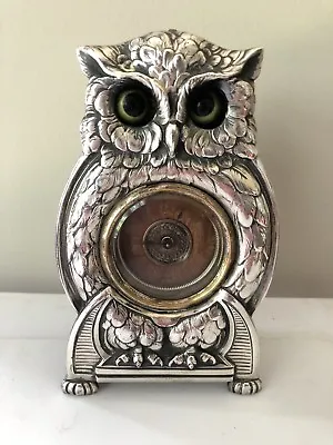 Antique Mechanical Clock Whimsical Owl Glass Moving Eyes Mantel Silver Relief • $650