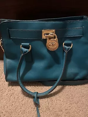 Michael Kors Greenish Blue Teal Leather Purse Satchel With Gold Lock & Key • $34.95