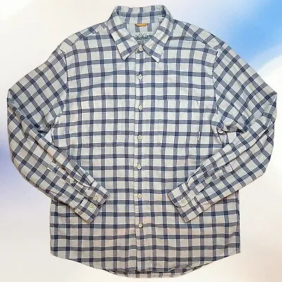 TIMBERLAND Shacket Flannel Button Up Plaid Soft  Shirt Outdoor Cream Blue Large • $26.95