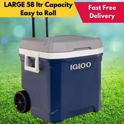 58 Litre Rolling Cool Box Telescopic Handle Big Wheels By Igloo Max Cold  NEW • £78.99