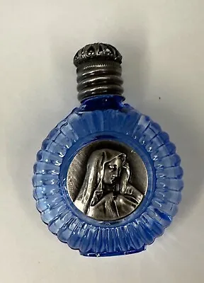 Holy Water Bottle-blue Glass-pressed Motif Of Madonna-antique Silver • $12.50