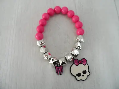 Monster High Pink Beads & Silver Squares Stretch Bracelet~skull~mh Logo~2013~htf • $12