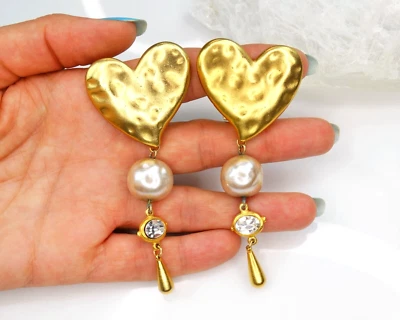 $66 • Buy Ben-amun 80s Vtg Gold Puffy Heart Glass Baroque Pearl 3.3  Drop Runway Earrings