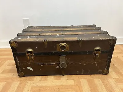 Vintage WOOD STEAMER TRUNK Chest Coffee Table Storage Box Antique Decor Brown • $99.99