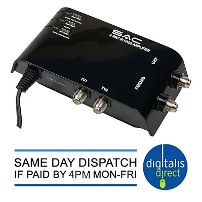 SAC 2 Way TV Booster Distribution Amplifier Digital Freeview 12Db Gain • £20.99