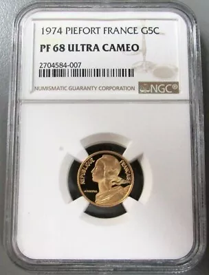 1974 Gold France Piefort 96 Minted 5 Centimes Ngc Proof 68 Ultra Cameo  • $950