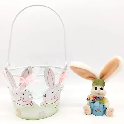 $8.99 • Buy Lot 8.5  Metal Tin Wire Easter Bunny Basket W/Handle & 5  Ceramic Easter Bunny