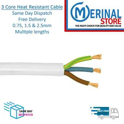 Heat Resistant 3 Core White 3093Y Flexible Mains Cable 0.75mm 1.5mm & 2.5mm • £6.18