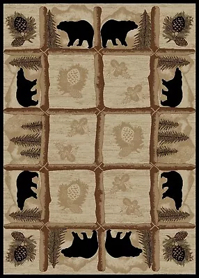 Toccoa Round Oval Runner Area Rug Lodge Cabin Bear Pine Cone Beige Black Set • $34.99