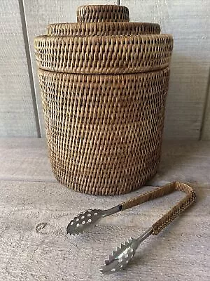 Vintage Wicker Rattan Ice Bucket With Tongs MCM • $54