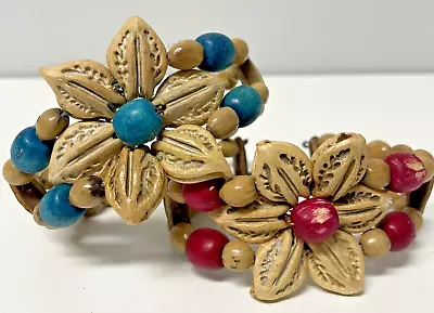 Pair Of Vintage Hawaiian Seed Pod Bean Nut Bracelet Flower Cuff Bracelet • $14.99