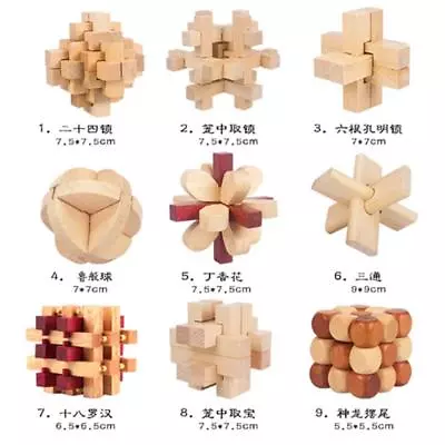 Child Adult Toy Kongming/Luban Lock Chinese Wooden Brain Teaser Educational 9pcs • $38.34