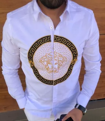 Men's Versace T Shirt Button Down US Slim Large Size (EU XL) White / Embroidered • $89