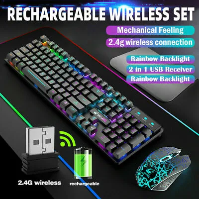£12.89 • Buy UK Wireless Gaming Keyboard And Mouse RGB Rainbow LED For PC MAC Laptop PS4 Xbox