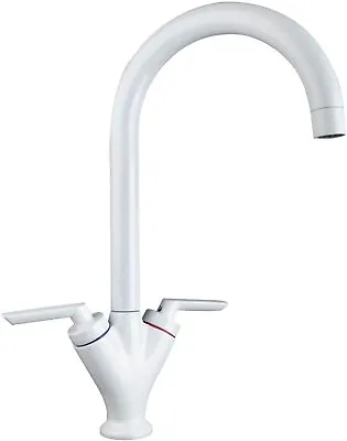 White Kitchen Sink Tap Mono Bloc Double Lever High Swan Swivel Neck Mixer Taps • £32.99