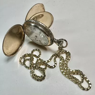 ANTIQUE National Elgin POCKET WATCH HUNTER 25 YEAR CASE Boss 14K 11 Jewel Chain • $185