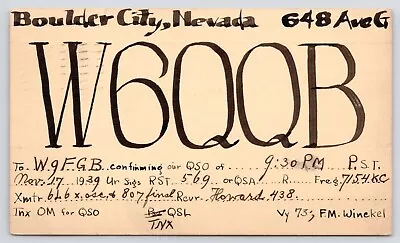 QSL CB Ham Radio Card W6QQB Boulder City Nevada NV Clark County Hand Made 1939 • $5